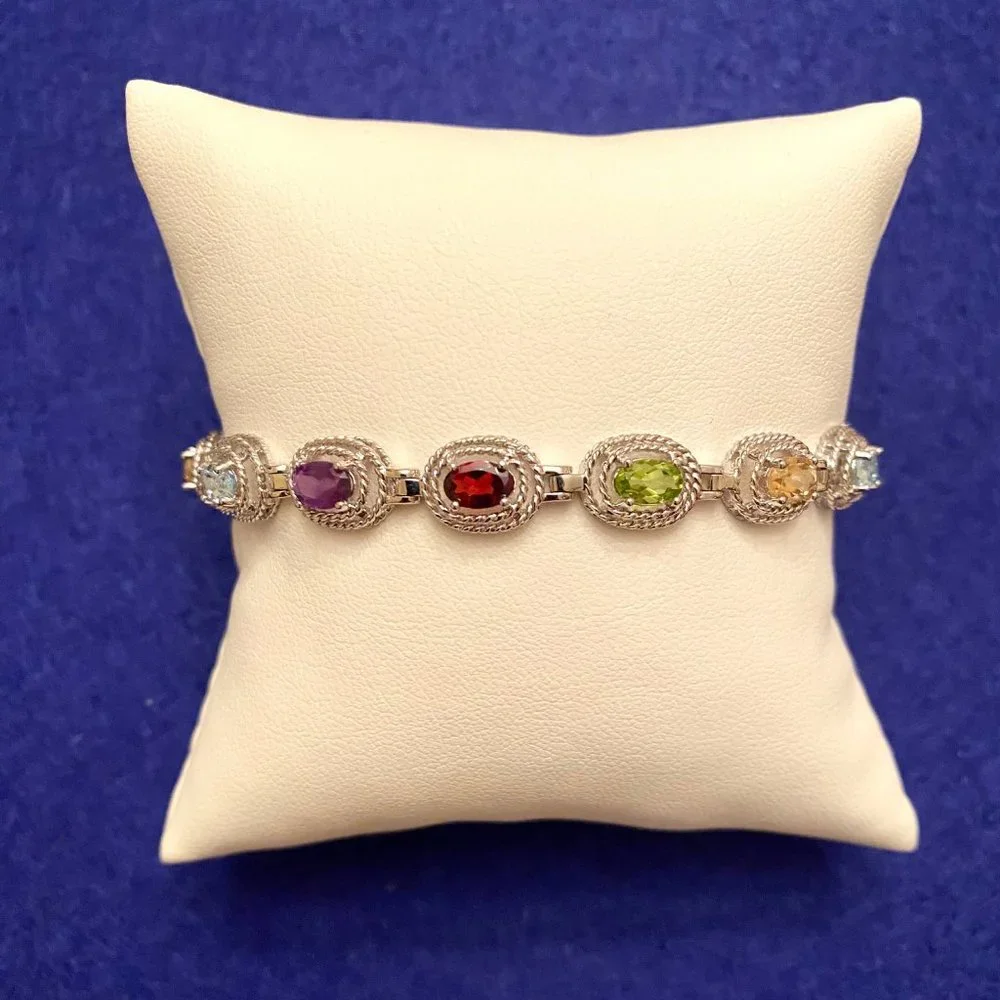 Colorful Multi-Gem & Sterling Silver Bracelet, 7" - Picture 1 of 13